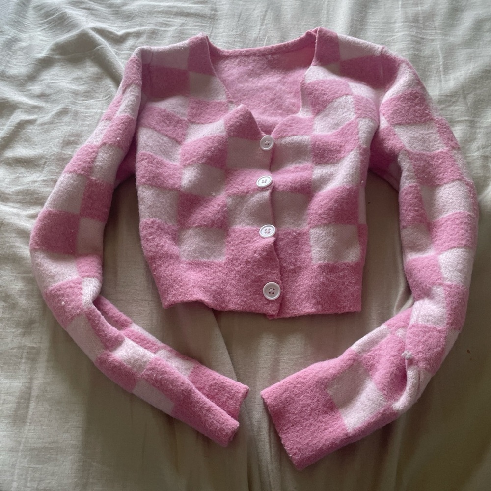 Pink Fuzzy Cropped Cardigan Sweater